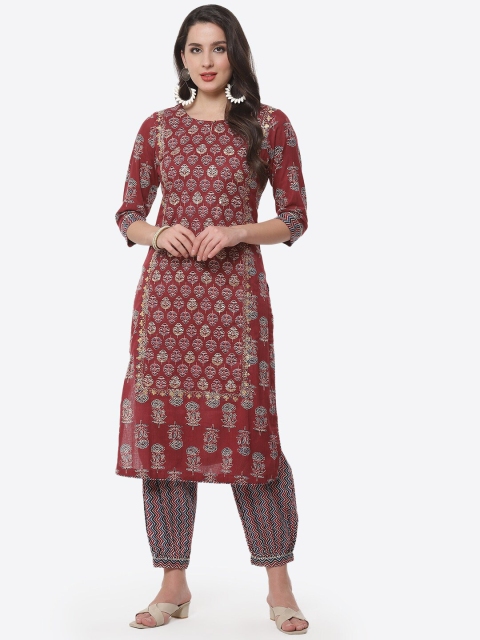 

Meena Bazaar Women Maroon Botti Sequence Floral Printed Pure Cotton Kurta with Harem Pants
