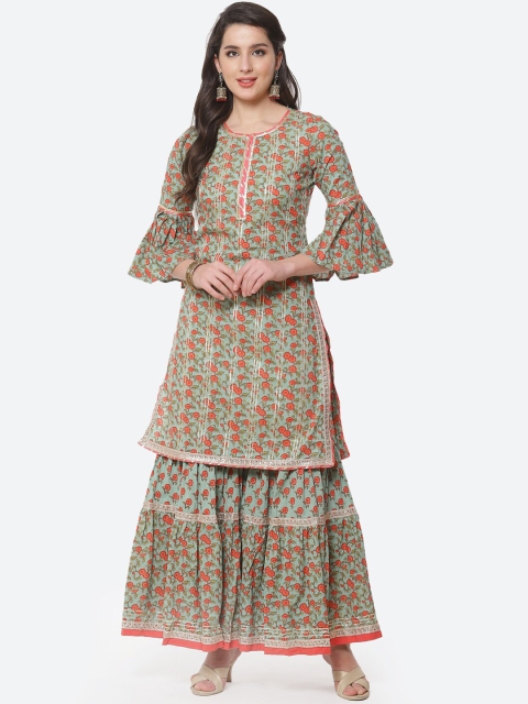 

Meena Bazaar Women Sea Green Floral Printed Pure Cotton Kurti with Sharara