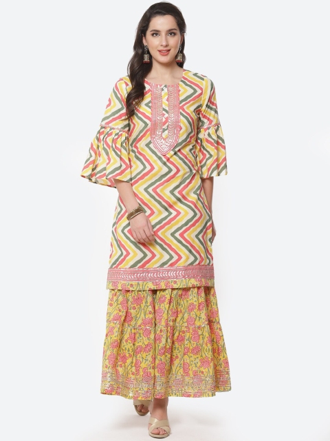 

Meena Bazaar Women Yellow Printed Pure Cotton Kurta with Sharara