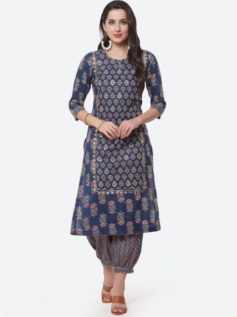 

Meena Bazaar Women Navy Blue Floral Printed Pure Cotton Kurta with Afgani Pant