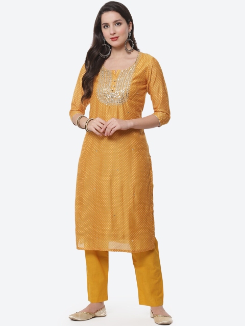 

Meena Bazaar Women Mustard Yellow Bandhani Printed Kurta with Trousers