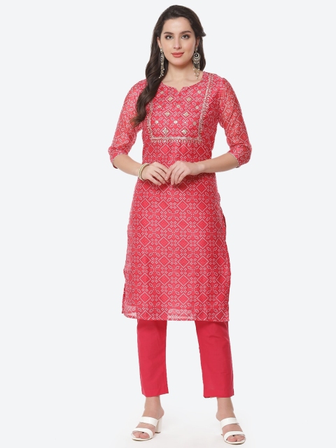 

Meena Bazaar Women Fuchsia Bandhani Printed Gotta Patti Kurta with Trousers