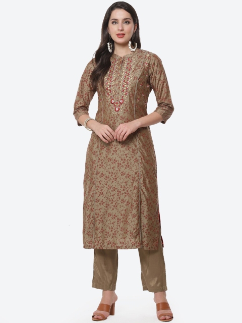 

Meena Bazaar Women Olive Green Floral Printed Thread Work Kurta with Trousers