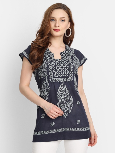 

HOUSE OF KARI Navy Blue & White Chikankari Cotton Embroidered Tunic