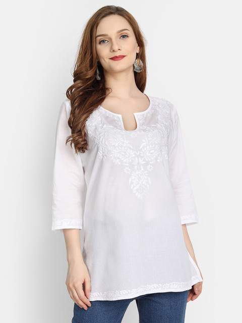 

HOUSE OF KARI White Chikankari Embroidered Cotton Tunic