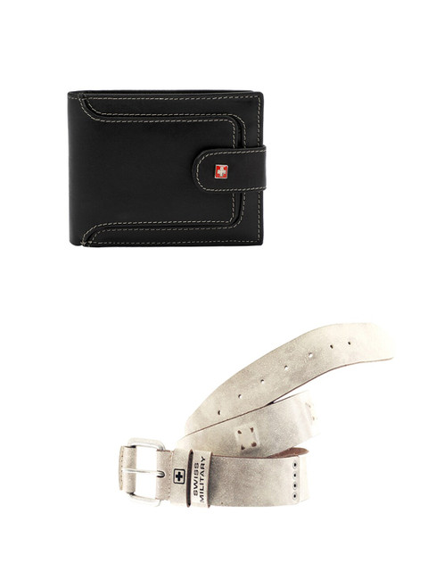 

SWISS MILITARY Men Black Leather Two Fold Wallet & Belt Combo