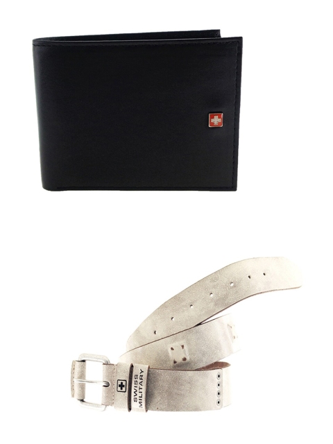 

SWISS MILITARY Men Black Leather Two Fold Wallet & Belt Combo