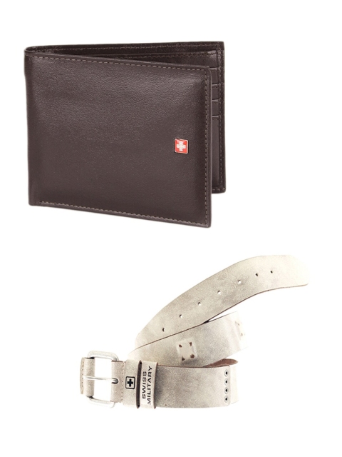 

SWISS MILITARY Men Brown & Off White Wallet & Leather Belt