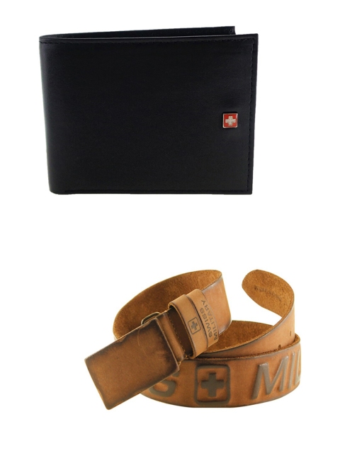 

SWISS MILITARY Men Black Leather Two Fold Wallet & Belt Combo