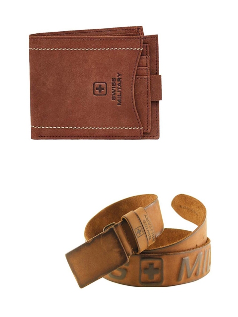 

Swiss Military Men Tan Brown Leather Wallet & Belt Combo