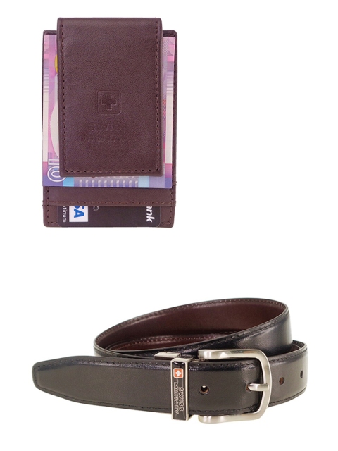 

SWISS MILITARY Men Brown Leather Two Fold Wallet & Belt Combo