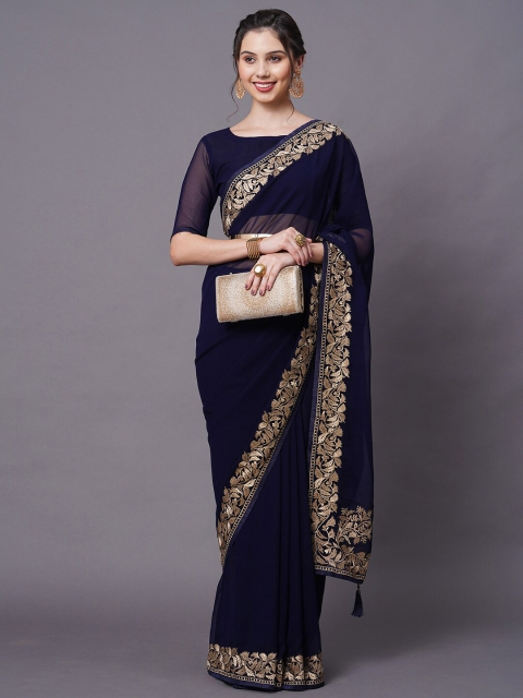 

Mitera Navy Blue & Gold-Toned Embroidered Saree