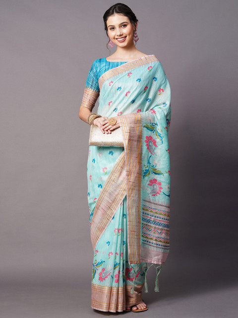 

Mitera Blue & Magenta Floral Linen Blend Saree