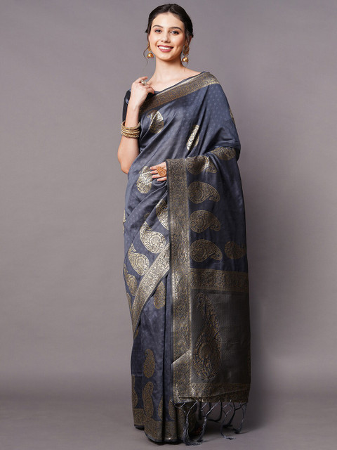 

Mitera Grey & Gold-Toned Woven Design Zari Silk Blend Banarasi Saree