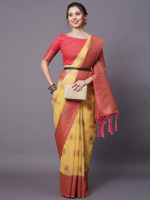 

Mitera Yellow & Magenta Woven Design Zari Silk Blend Banarasi Saree