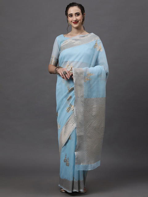 

Mitera Blue & Gold-Toned Ethnic Motifs Zari Linen Blend Banarasi Saree