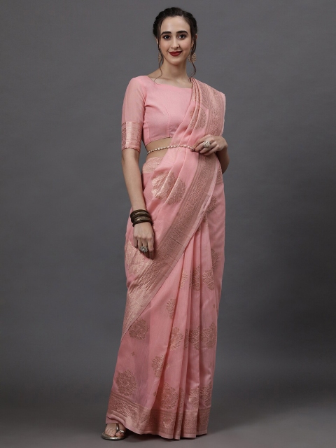 

Mitera Pink & Gold-Toned Woven Design Zari Linen Blend Banarasi Saree