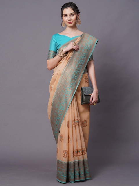 

Mitera Cream-Coloured & Turquoise Blue Ethnic Motifs Zari Silk Blend Banarasi Saree