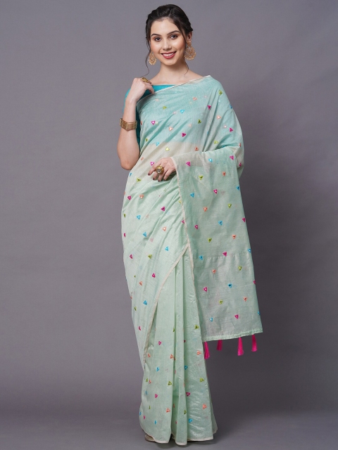 

Mitera Sea Green & Fuchsia Embellished Mirror Work Linen Blend Saree