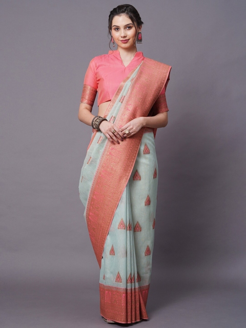 

Mitera Sea Green & Pink Ethnic Motifs Zari Silk Blend Banarasi Saree