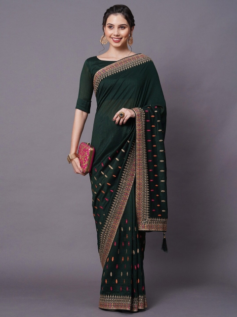 

Mitera Green & Magenta Ethnic Motifs Embroidered Silk Blend Saree