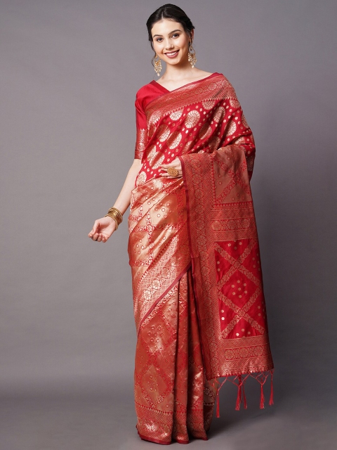 

Mitera Red & Gold Ethnic Motifs Zari Silk Blend Banarasi Saree