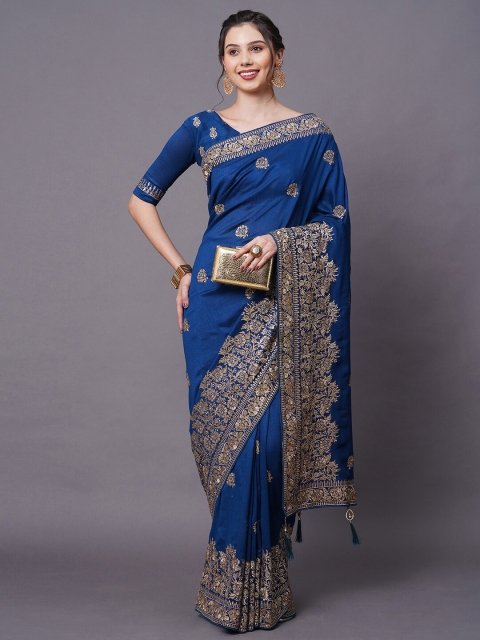 

Mitera Blue & Gold-Toned Ethnic Motifs Embroidered Silk Blend Saree