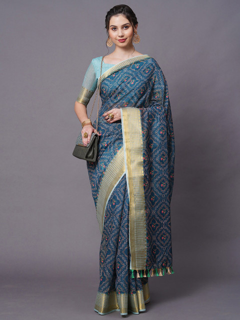

Mitera Blue & Gold-Toned Ethnic Motifs Zari Linen Blend Saree