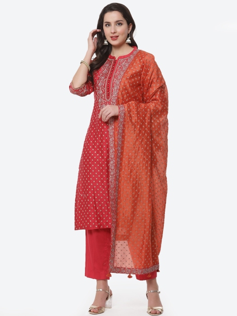 

Meena Bazaar Women Fuchsia Embroidered Thread Work Kurta with Trousers & With Dupatta