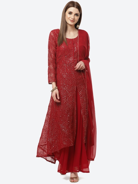 

Meena Bazaar Women Maroon Embroidered Sequinned Kurta with Salwar & With Dupatta