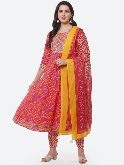 

Meena Bazaar Women Fuchsia & Yellow Bandhani Pure Cotton Kurta with Trousers & Dupatta