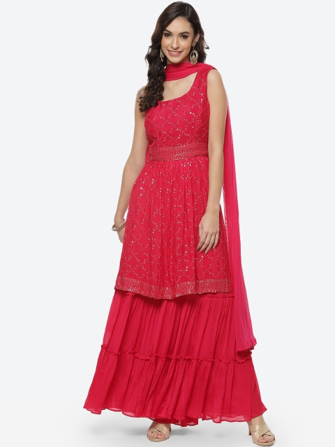 

Meena Bazaar Women Fuchsia Tiered Kurta with Sharara & With Dupatta