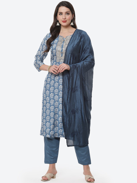 

Meena Bazaar Women Blue Ethnic Motifs Printed Kurta with Sharara & Dupatta