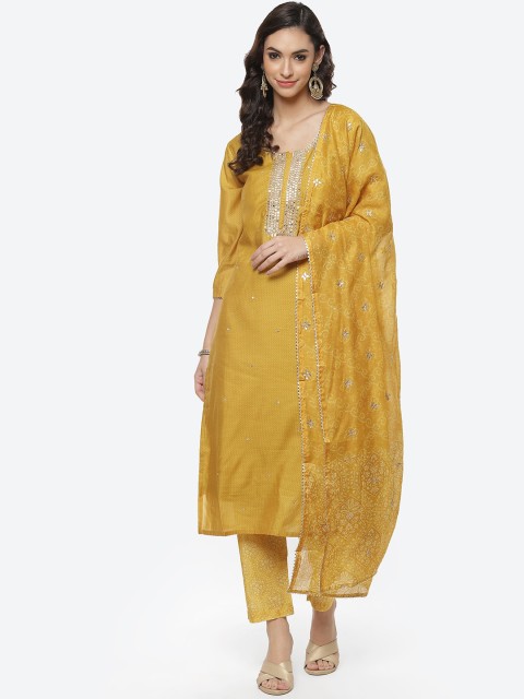 

Meena Bazaar Women Mustard Yellow Pure Cotton Kurta with Trousers & Dupatta