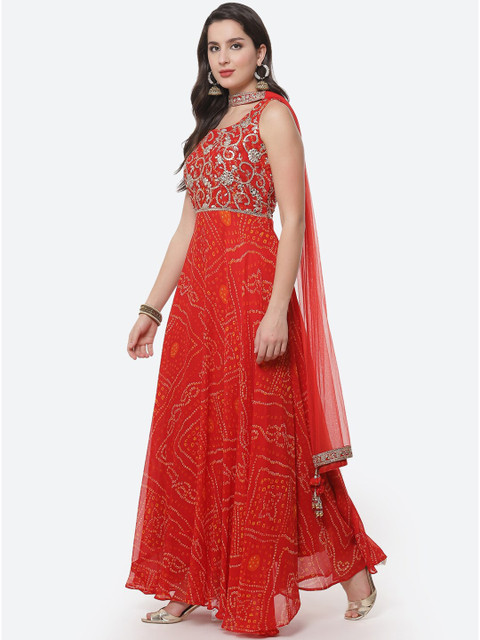 

Meena Bazaar Women Red Floral Printed Empire Silk Georgette Kurta with Trousers & With Dupatta