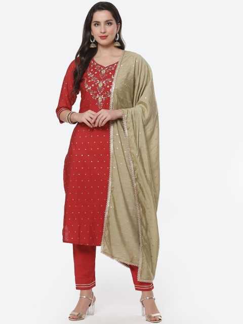 

Meena Bazaar Women Red Floral Printed Pure Cotton Kurta with Trousers & With Dupatta