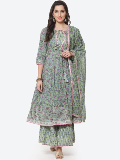 

Meena Bazaar Women Green Floral Printed Pure Cotton Kurta with Skirt & With Dupatta