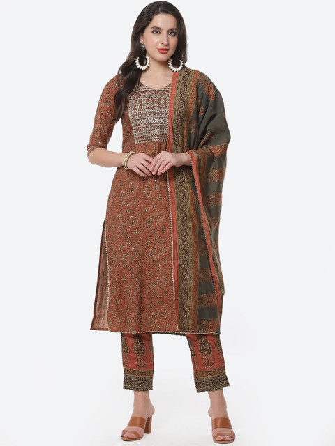 

Meena Bazaar Women Rust Printed Thread Work Cotton Kurta with Trousers & With Dupatta