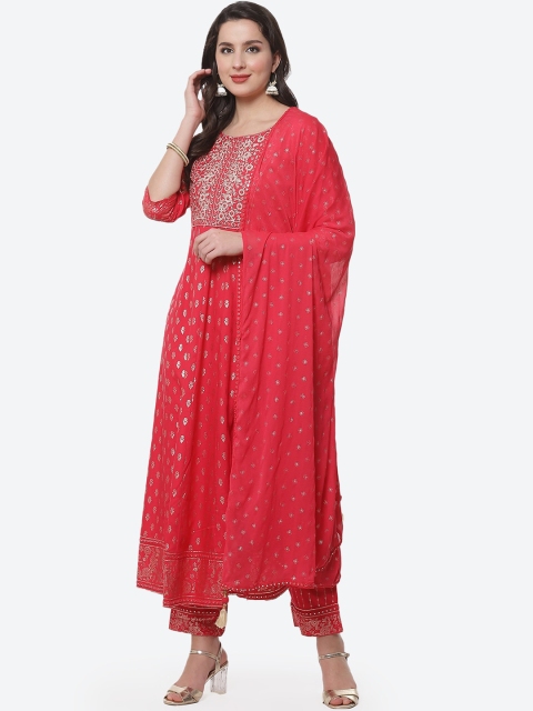 

Meena Bazaar Women Red Pure Cotton Kurti with Trousers & Dupatta
