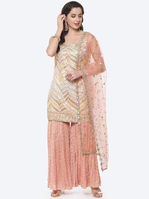 

Meena Bazaar Women Beige Embroidered Silk Georgette Kurta with Sharara & Dupatta