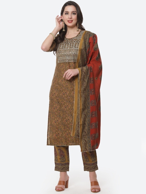 

Meena Bazaar Women Green & Maroon Ethnic Motifs Pure Cotton Kurta with Trousers & Dupatta