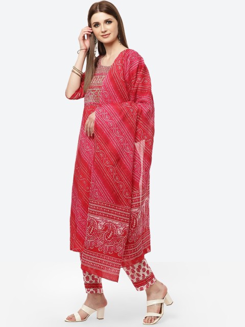

Meena Bazaar Women Fuchsia Yoke Design Pure Cotton Kurti with Trousers & Dupatta