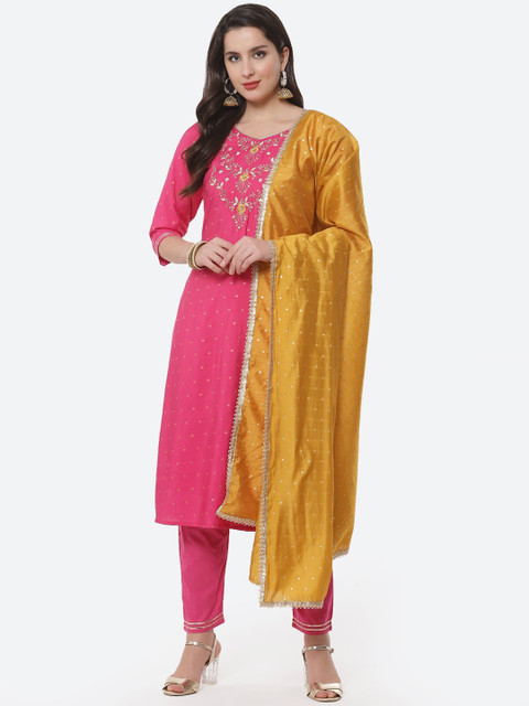 

Meena Bazaar Women Pink Pure Cotton Kurta with Palazzos & With Dupatta