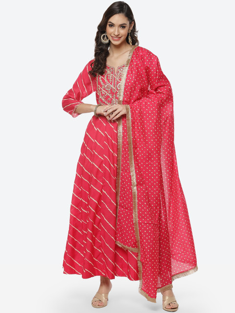 

Meena Bazaar Women Fuchsia Leheriya Printed Pure Cotton Kurta with Dupatta