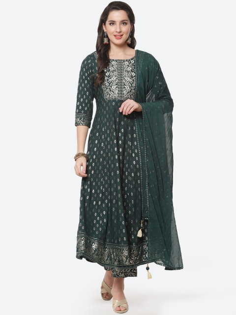 

Meena Bazaar Women Green Ethnic Motifs Printed Thread Work Pure Cotton Kurta with Trousers & With Dupatta