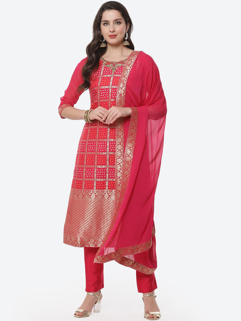 

Meena Bazaar Women Fuchsia Printed Thread Work Kurta with Trousers & Dupatta