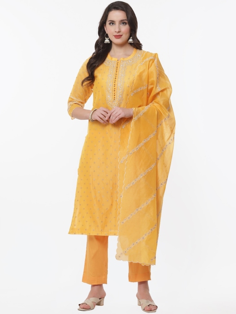

Meena Bazaar Women Yellow Ethnic Motifs Embroidered Kurta with Trousers & With Dupatta