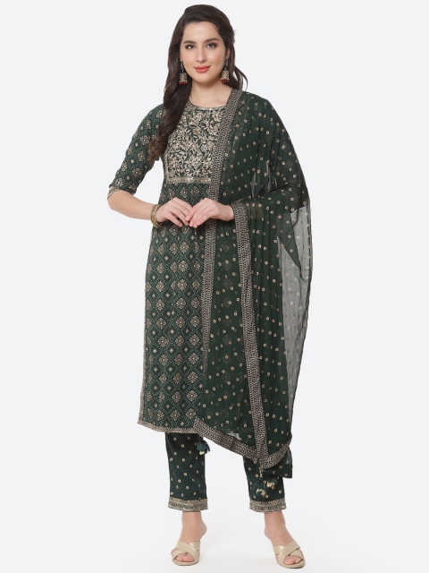 

Meena Bazaar Women Green Yoke Design Thread Work Kurta & Trousers With Dupatta