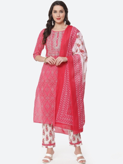 

Meena Bazaar Women Fuchsia Printed Pure Cotton Kurti with Trousers & Dupatta