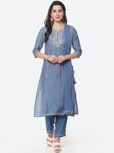 

Meena Bazaar Women Blue Ethnic Motifs Embroidered Kurta with Trousers & Dupatta
